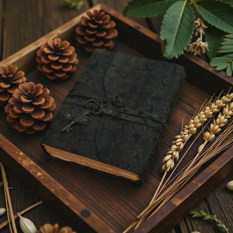 Green Embossed Leather Journal 5×7” | Handmade Deckle Edge Paper Diary 200 Pages | Vintage Key Lock Notebook | Floral Leather Writing Sketchbook