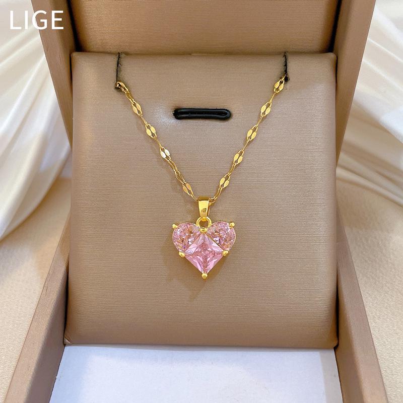 Titanium Steel Luxury Peach Heart Gold Necklace with Full Zircon Inlay - Women's Lucky Charm Clavicle Chain