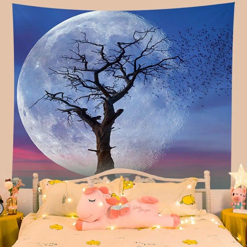Tapestry Flower Moon Night Home Aesthetics Living Room Wall Decoration Hanging Background Cloth