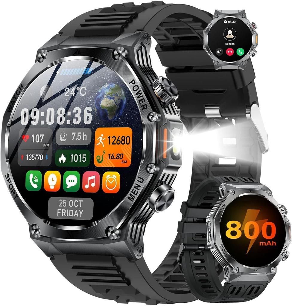 Military Smart Watch for Men 800mAh Smart Watches with LED Flashlight for Android/iOS Bluetooth Call Fitness Tracker with Heart Rate/Sleep Tracking