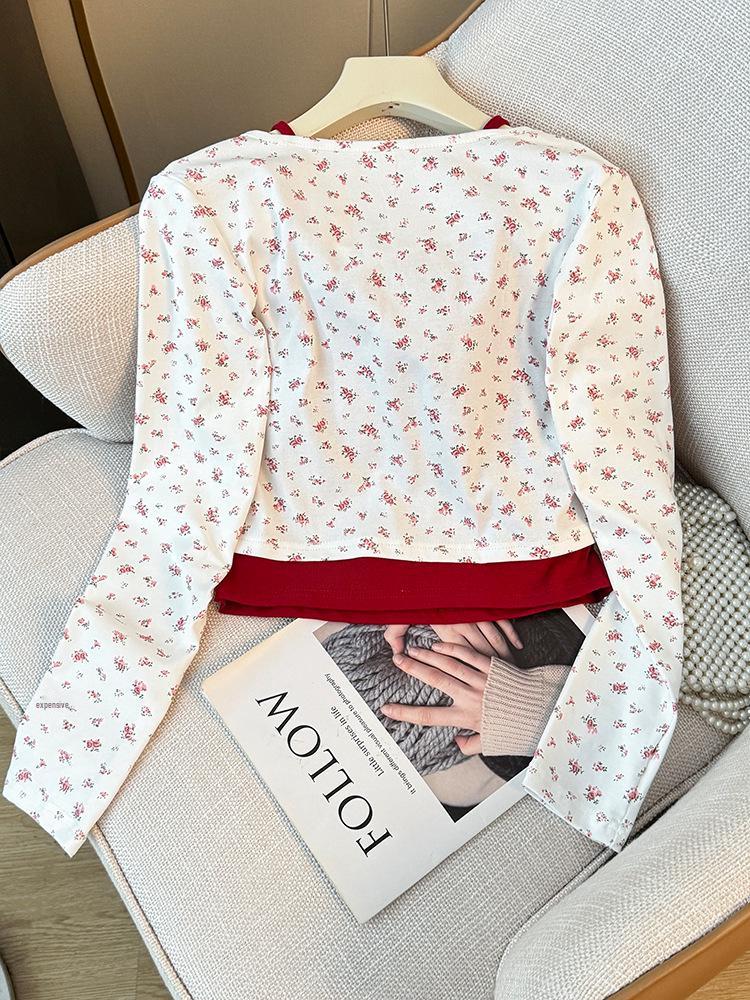 Women's Floral Button-Up Two-Piece-Style Long-Sleeve Slim Fit Top