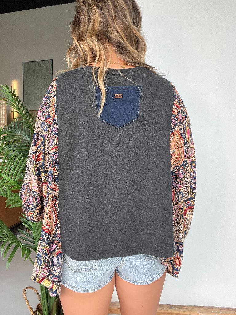 New Printed Crew Neck Loose Casual Batwing Sleeve Top for Women