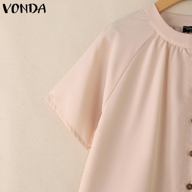 VONDA Women Short Sleeve Side Buttons Up Ruffled Solid Casual Blouse