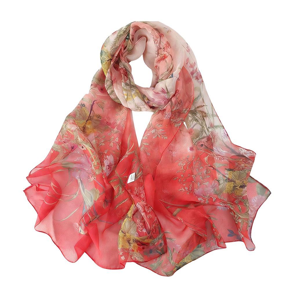 Summer Embroidered Silk Scarf Sun-Resistant Smooth Long Wraps Breathable Chiffon Bandana for Women