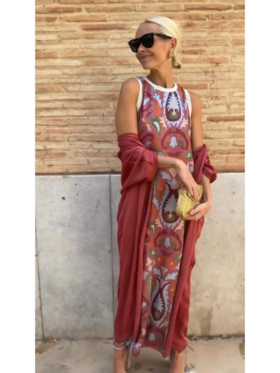 

2025 European Style Elegant Printed Round Neck Socialite Two-piece Cape Long Dress Set M