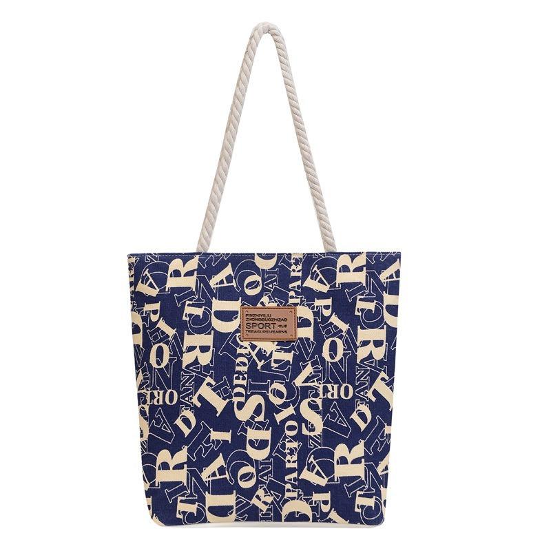 Stylish Large Canvas Tote Bag with Letter Print and Rope Handles for Work and Commute