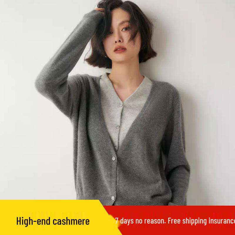 

Luxury Cashmere French V-Neck Knit Cardigan: Women s Faux Two-Piece Loose Fit Sweater for Autumn & Winter Large