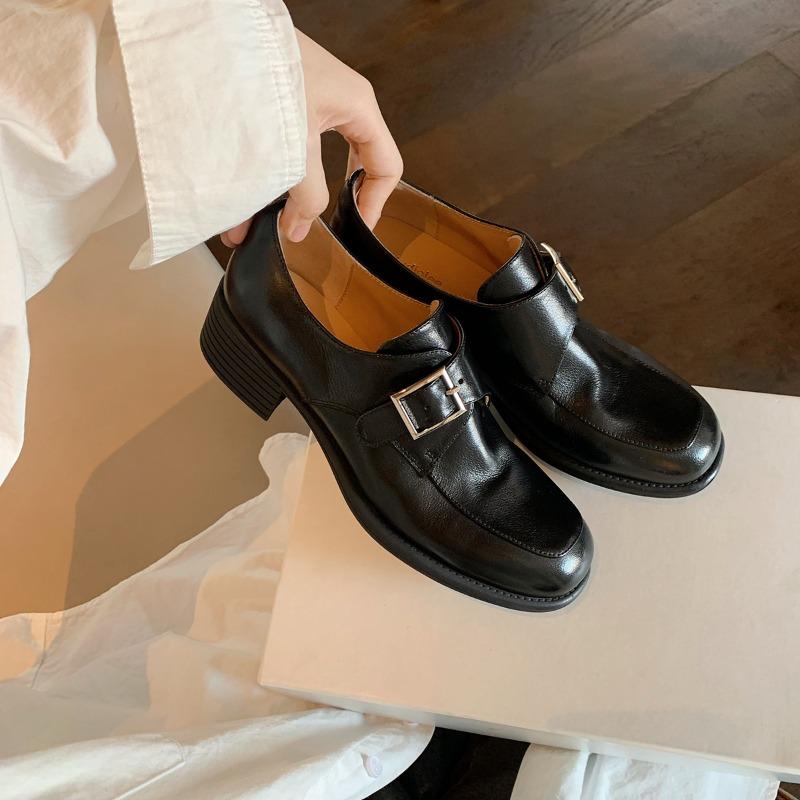 Anti-slip Shoes, Round-toed Buckle Buckle Single Shoes, Chunky-heeled Leather Shoes