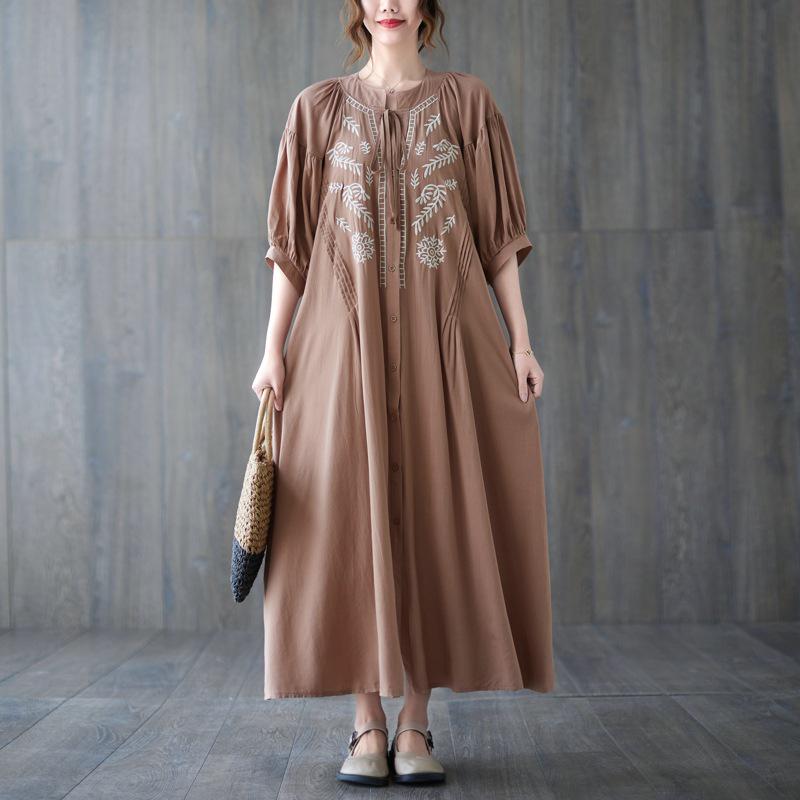 2025 Summer Plus Size Women's Retro Embroidered V-Neck Bell Sleeve Dress