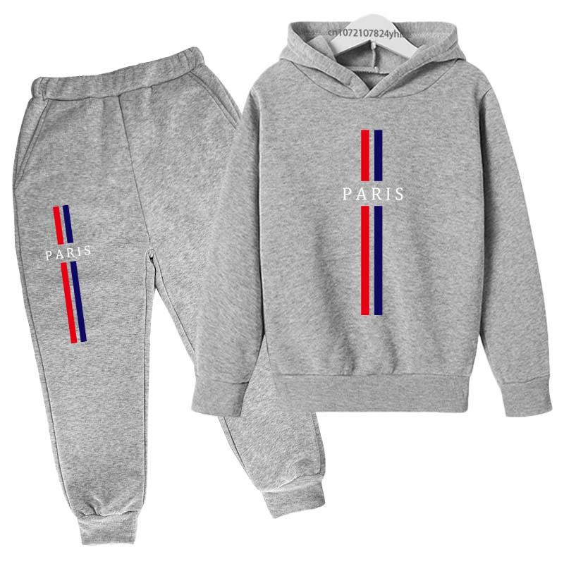 Jungen und Mädchen Herbst Freizeit Buchstabe Paris Aufdruck Hoodie+Hosen Anzug Mode Einfach Sport 2-teiliges Set Sport Trainingsanzug
