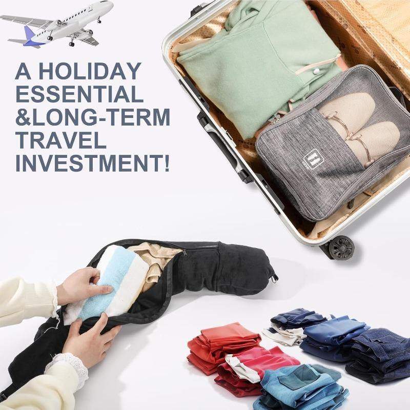2 In 1 Fleece Folding Pillow Refillable Travel Bag Solid Color Soft U-shaped Storage Neck CushionTravel Accessories