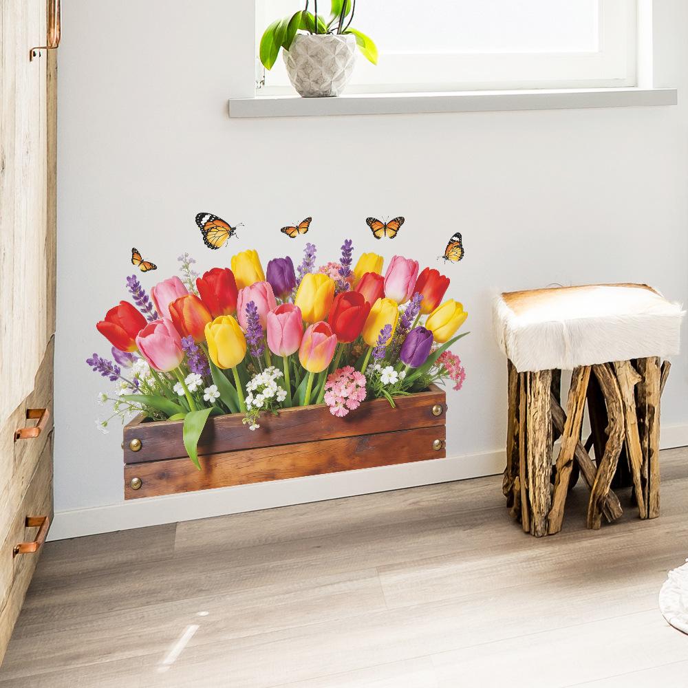 Painted 3D Wooden Crate Tulip Butterfly Wall Sticker Self Adhesive Removable Living Room Bedroom Entryway Decor