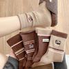 Women's Mid-calf Socks for Autumn and Winter, Warm Long Calf Socks, Retro Coffee-colored Long Socks with Stripes, Versatile and Casual for Women