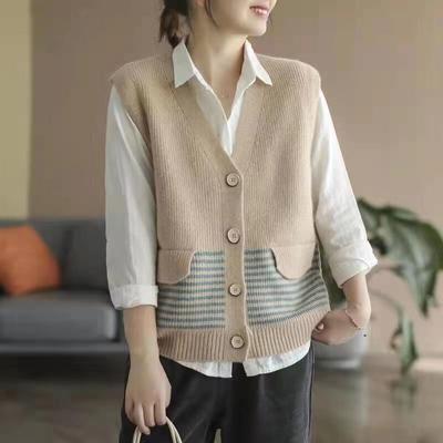 Gestrickte Strickjacke ärmellose Leibchen Weste V-Ausschnitt Retro frühen Frühling und Herbst schlanke Weste Streifen Pullover Weste Strickjacke weiblich