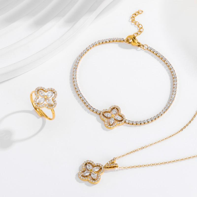 Stainless Steel Four Leaf Clover Jewelry Set Women Elegant Zirconia-Embellished Bracelet Necklace Ring Combo Lightweight
