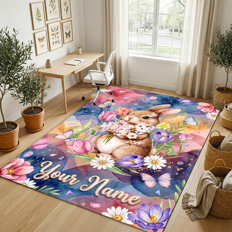 Easter Bunny Theme Crystal Velvet Rug Personalized Custom Name Text Soft Floor Mat Home Decor