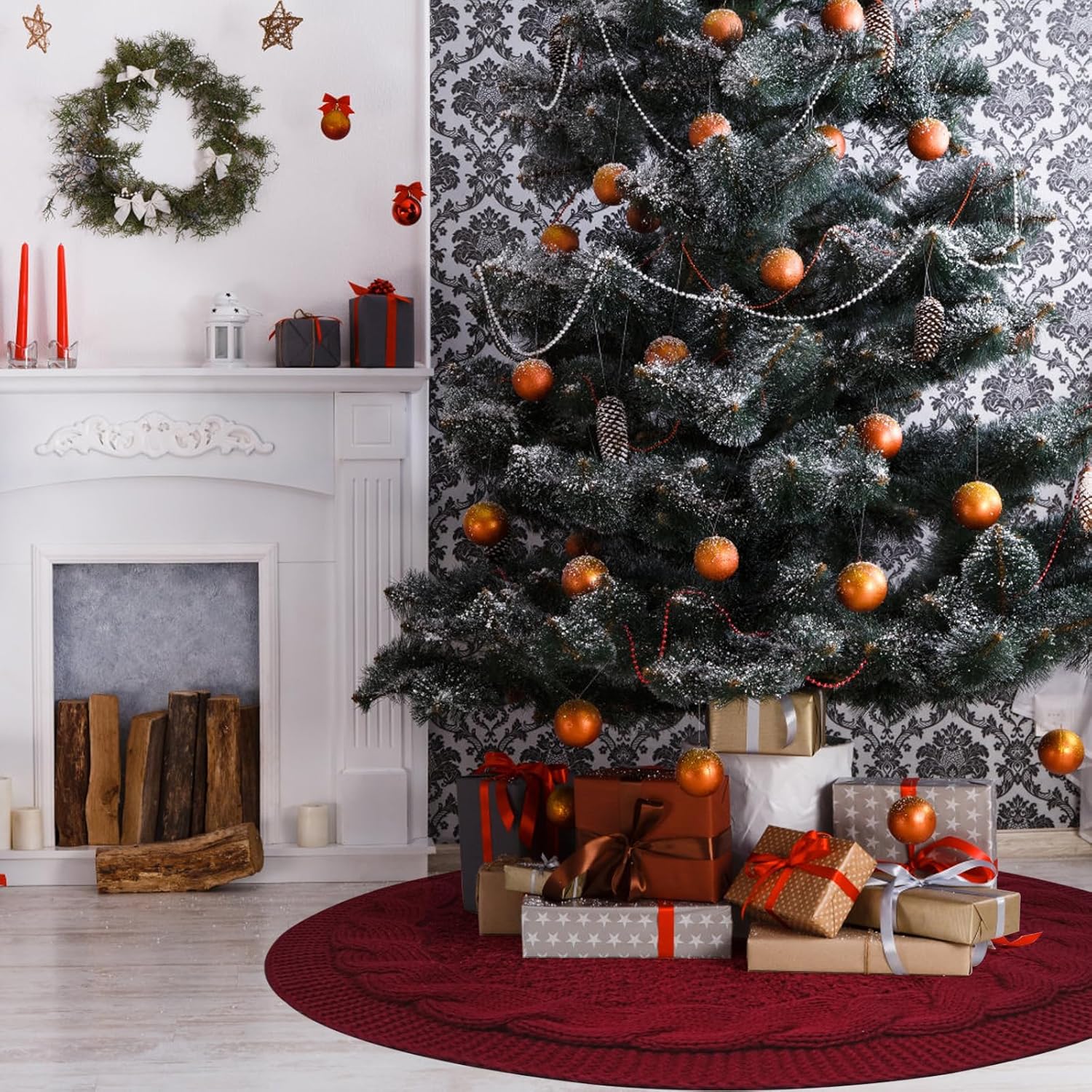 

Красная юбка для рождественской елки, 36 дюймов, вязаная юбка для елки 3-6 футов, роскошная вязаная толстая деревенская юбка для елки, рождественское украшение, рождественская елка