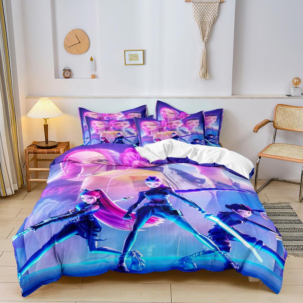 K-Pop Bettwäscheset Dämonenjäger Motiv Bunter Druck Polyester Schlafzimmer Bettlaken Bettbezug Geschenk Heimtextilien