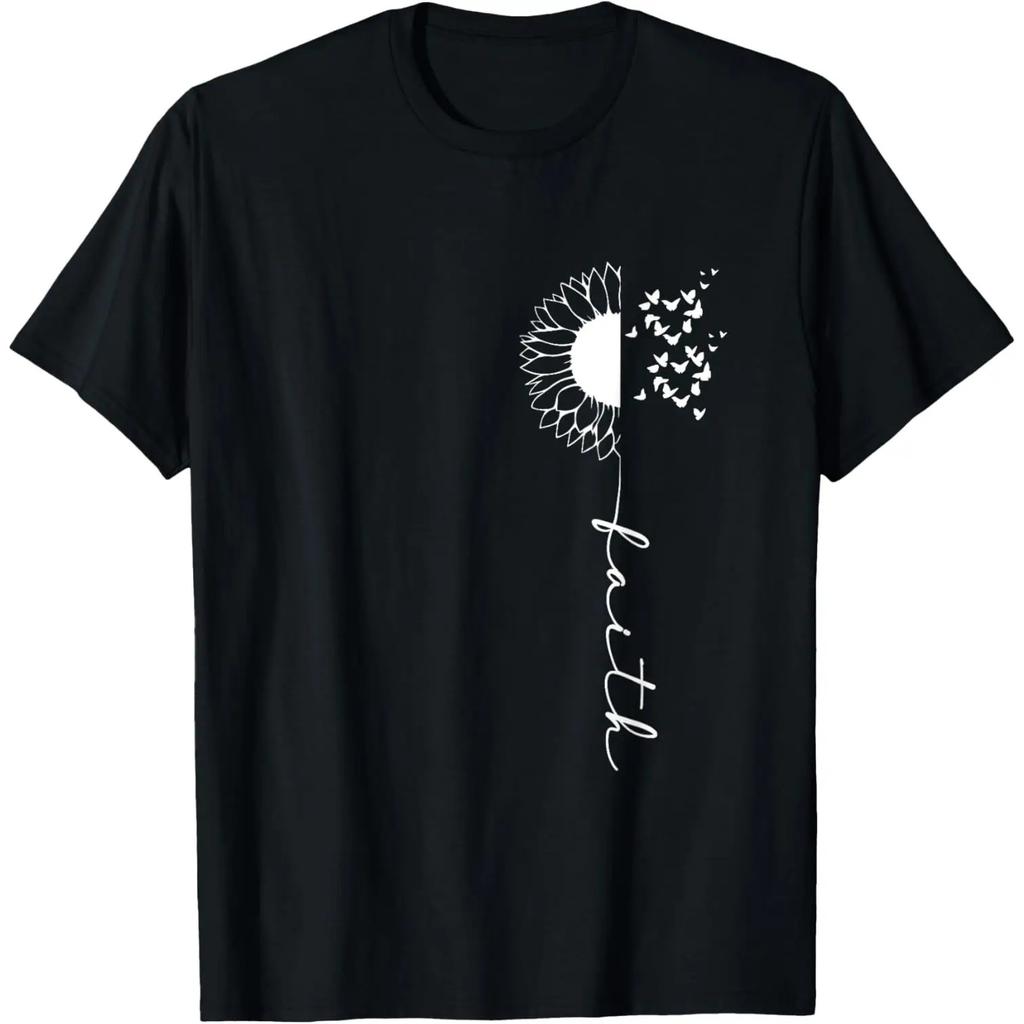 Faith Cross Sunflower Butterflies Simple Christian Design T-Shirt