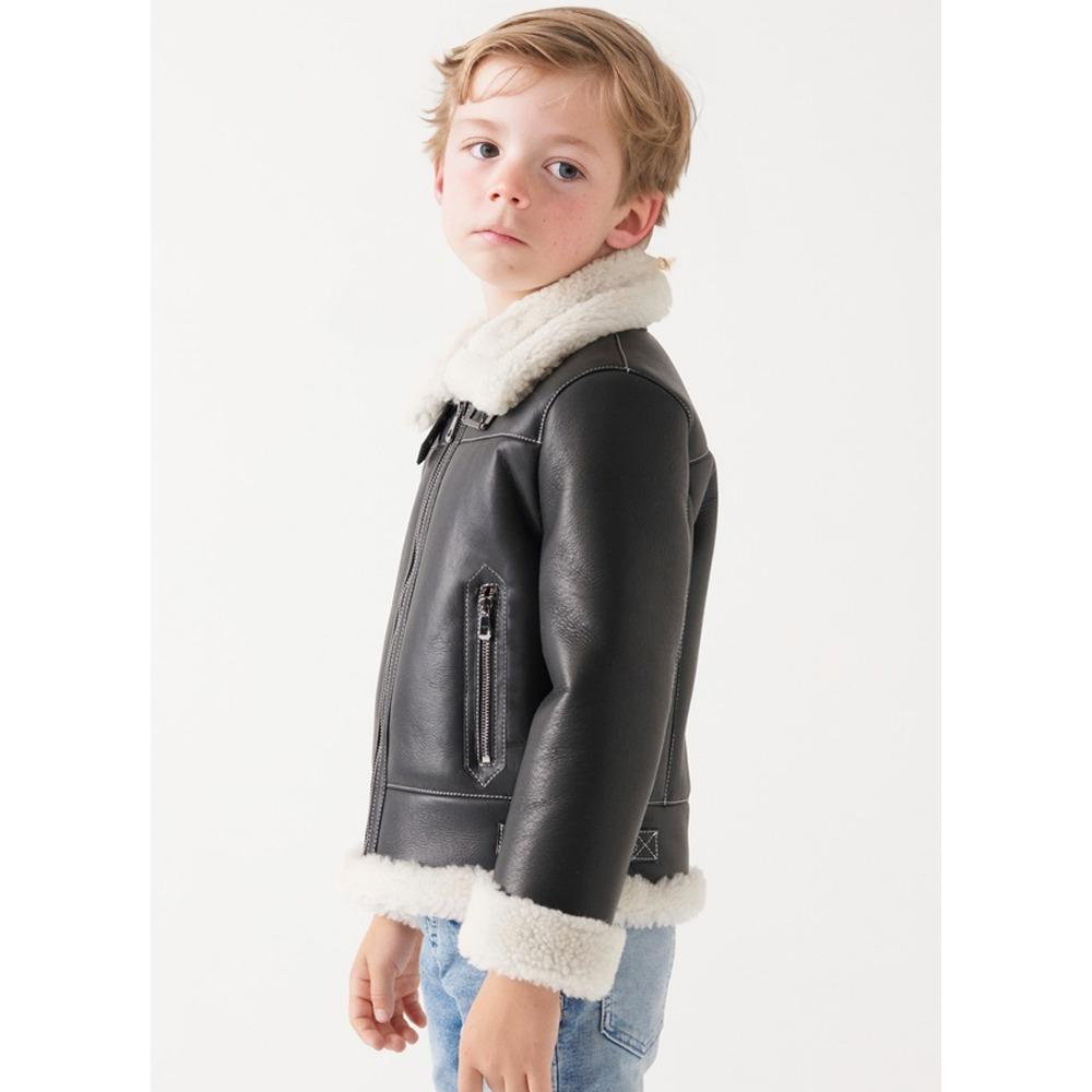 Kids Boys and Girls Autumn and Winter Fleece PU Leather Turn-down Collar Solid Color Zip Jacket