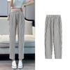 Women's Casual Vertical Striped Comfortable Breathable Elastic Waist Belted Daily Wear Casual Tapered Crop Pants With Pockets