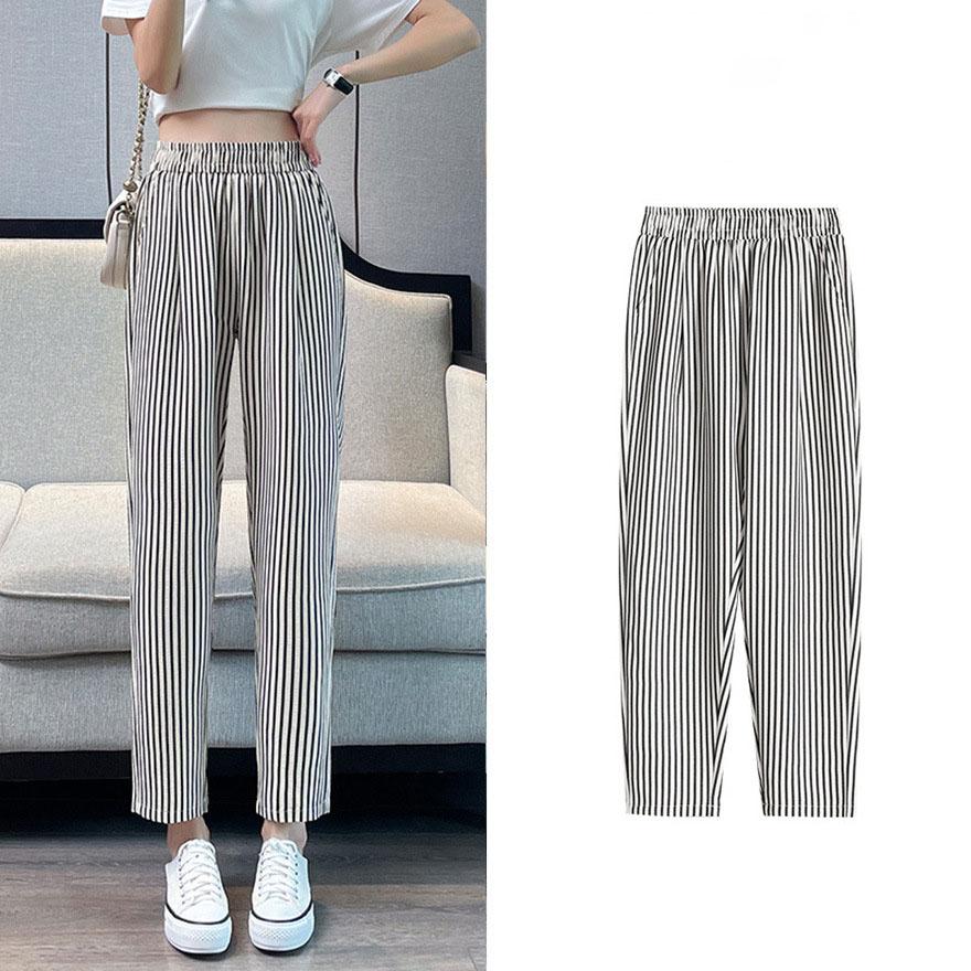 Women's Casual Vertical Striped Comfortable Breathable Elastic Waist Belted Daily Wear Casual Tapered Crop Pants With Pockets