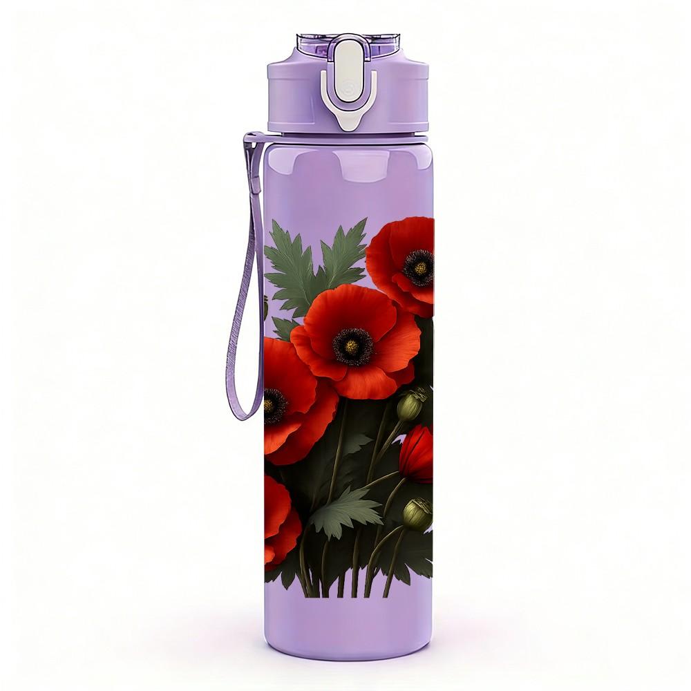 1PC Red Rose Bouquet Dark Print 750ml Color Plastic Sports Water Bottle Leakproof Flip Straw Lid Suitable for Sports Office Home Use