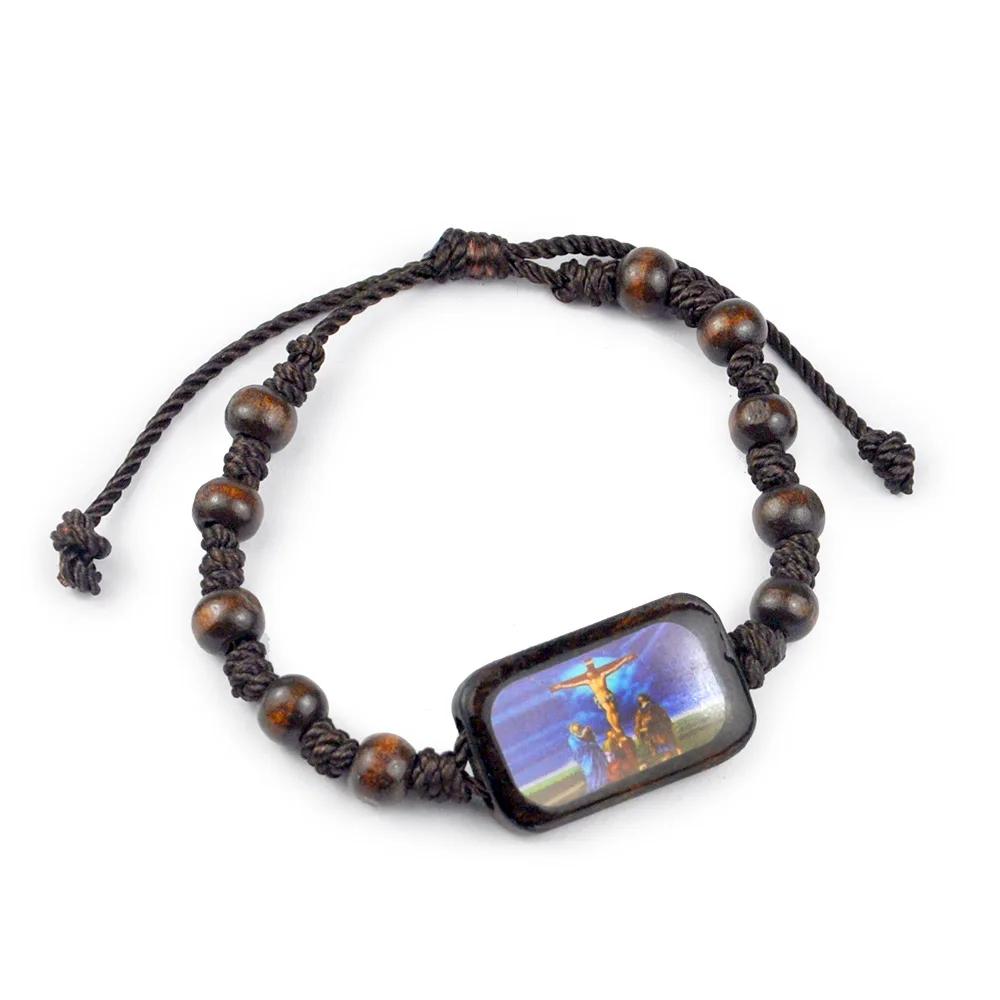 Religion Wood Rosary Bracelet For Men Square Colorful Jesus Virgin Mary Icons Charm Prayer Beads Chain Women Christian Jewelry