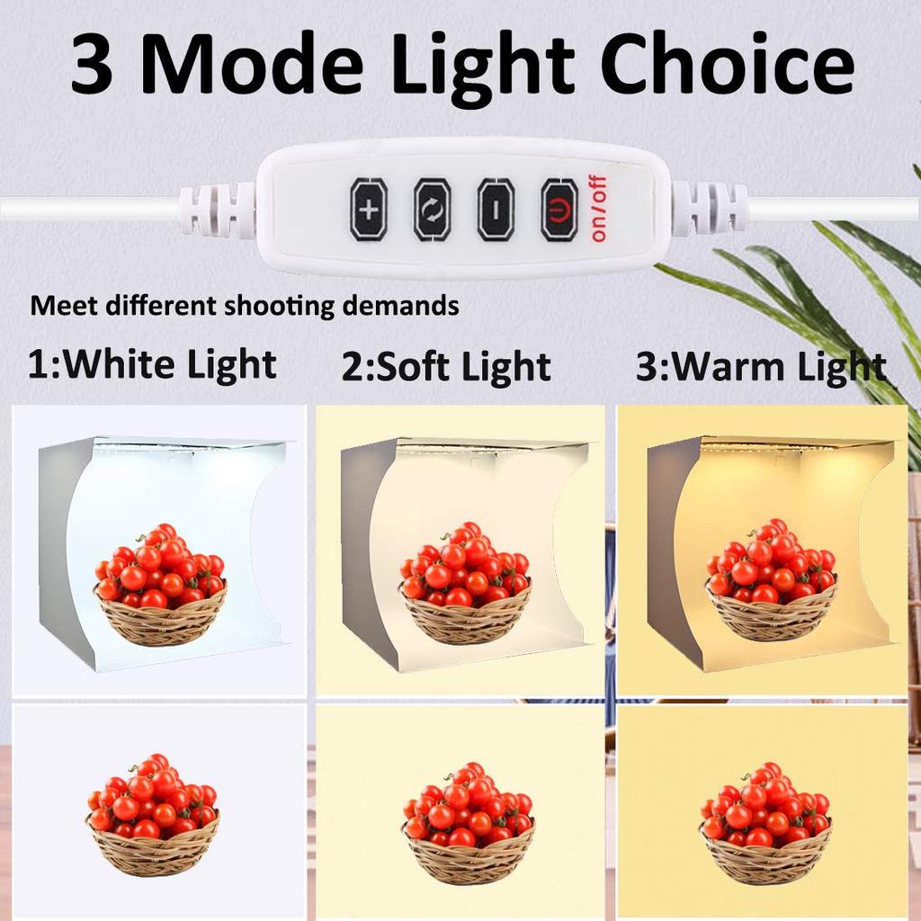 30x30cm Foldable Photography Kit, Easy-to-Use Photo Box with 3-Color LED Light, Warm/White/Cool Light, Adjustable Brightness, and 6 Color Backdrops
