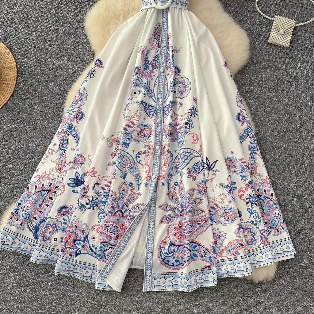 New Summer Pirnt Women Flower Turn Down Collar Flying Sleeve Belt Single Breasted Boho Holiday Party Dresses