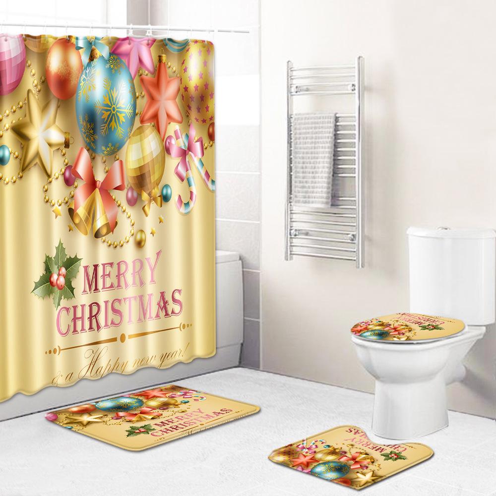 Christmas Waterproof Shower Curtain Four-Piece Combination Floor Mat Entrance Door Mat Bedroom Living Room Carpet