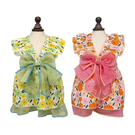 Spring Summer Pet Dress Ruffle Flying Sleeves Tulle Bow Floral Print Small