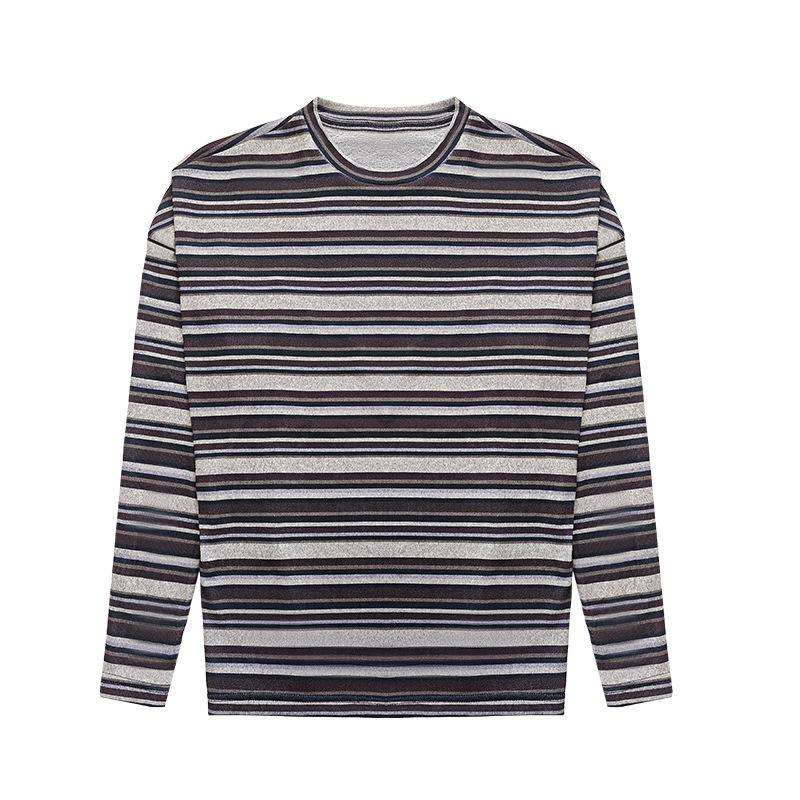 6 retro striped crew neck bottoming shirt women's spring and autumn loose and thin shirt lazy wind knitted long-sleeved top