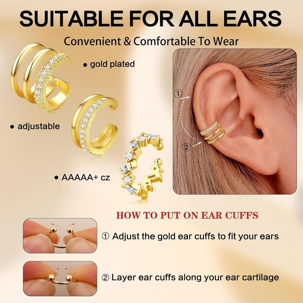 Bobisty 3PCS Ear Cuff Non-Piercing Earrings for Women Cute Clip-On Cartilage Earring 14K Gold Plated Dainty Fake Piercing Earing