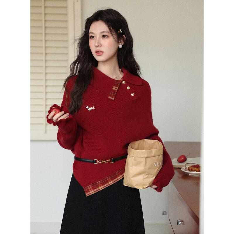 Lu Xiangnan Women s Retro Red Christmas Long Sleeve Sweater M
