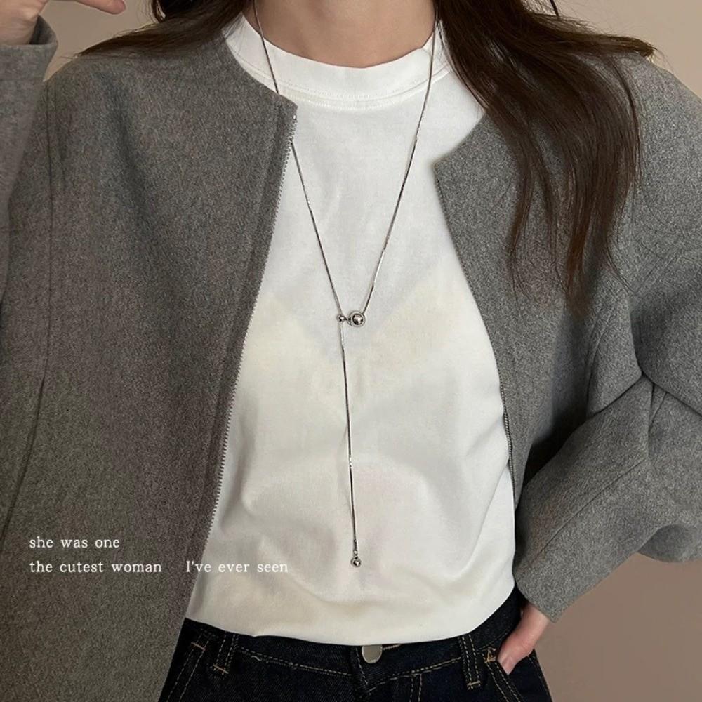 Silver Color Beaded Necklace Adjustable Sweater Chain Pendant Necklace  Women Jewel