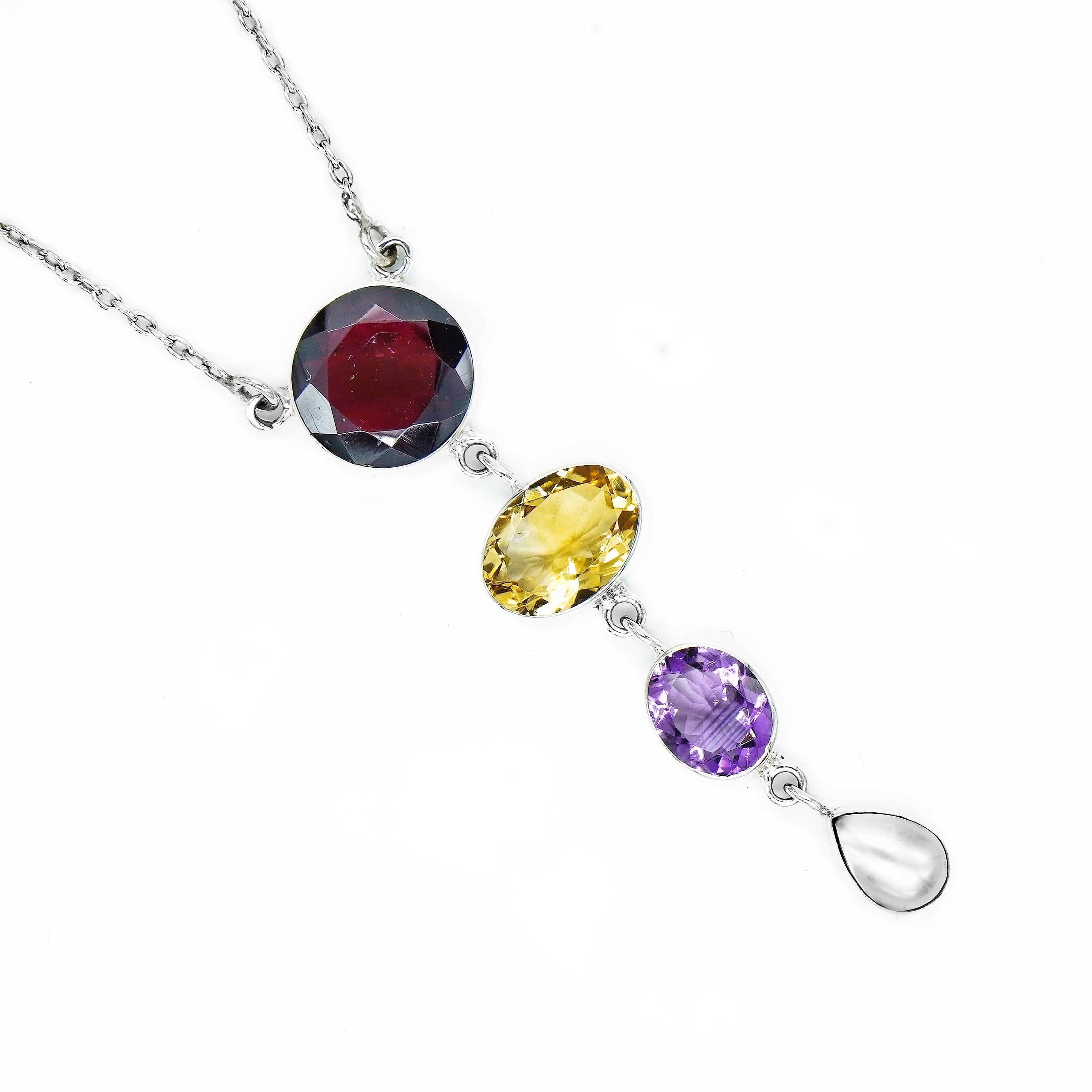

Gemstone Handmade Necklace, Garnet, Citrine, Amethyst, pearl necklace, dangle necklace, sterling silver, gift for her