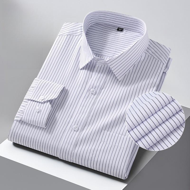 Men Formal Shirt Long Sleeve Office Solid Color Striped Anti-Wrinkle Fashion Business Pocket White Social Shirt Men's Clothing