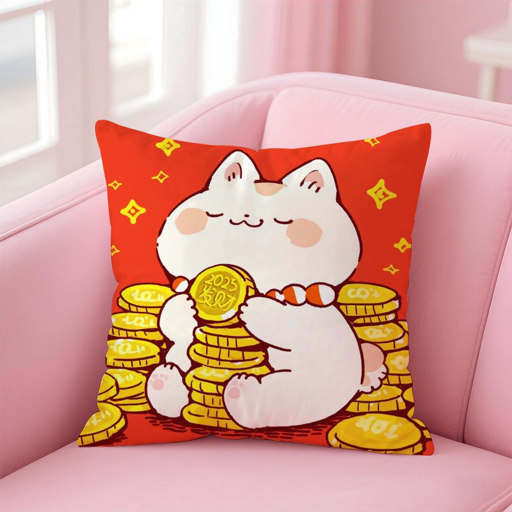Rich Luck Maneki  neko Cushion Cover Linen Pillowcase Cover Soft Decor for Sofa Home Room