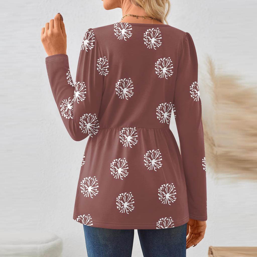 Women's Casual Fashion Long Sleeve Shirt Floral Printed Tunic Top