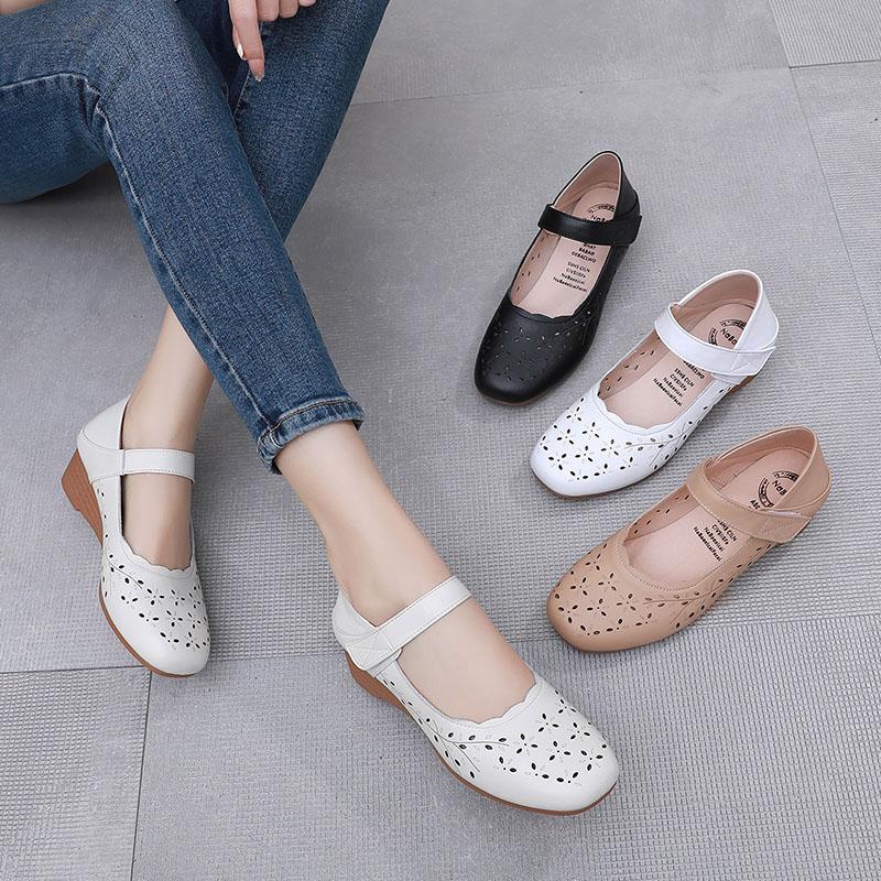 Mode GKTINOO 2025 Keilabsatzschuhe Sandalen aus echtem Leder Sommer Hohle Damen Sandalen Komfort Weiche Freizeitsandalen Große Größe