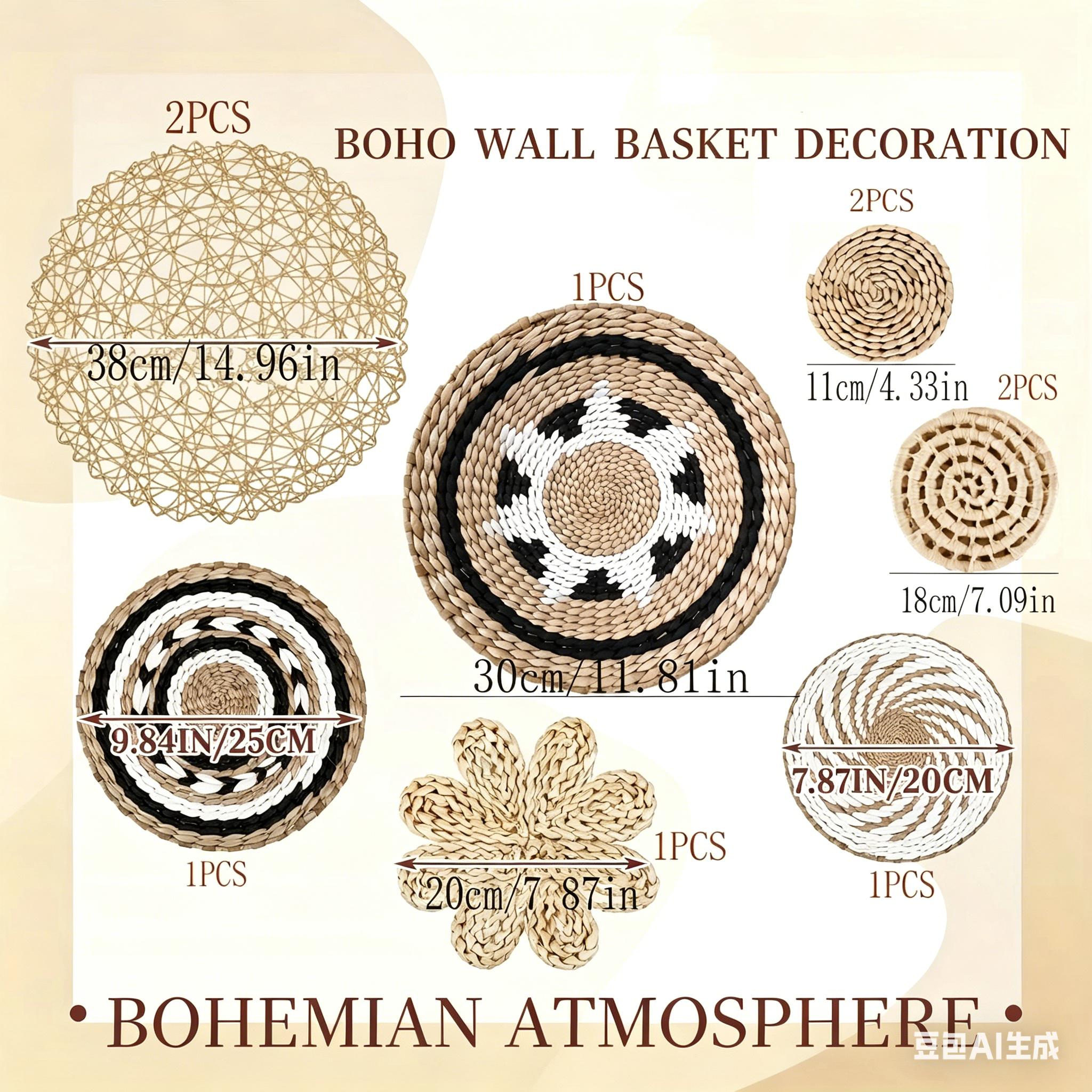

10Pcs Bohemian Woven Rattan Wall Basket Decor Set - Handcrafted Natural Seagrass Round Wall Art for Bedroom Living Room Boho Hom