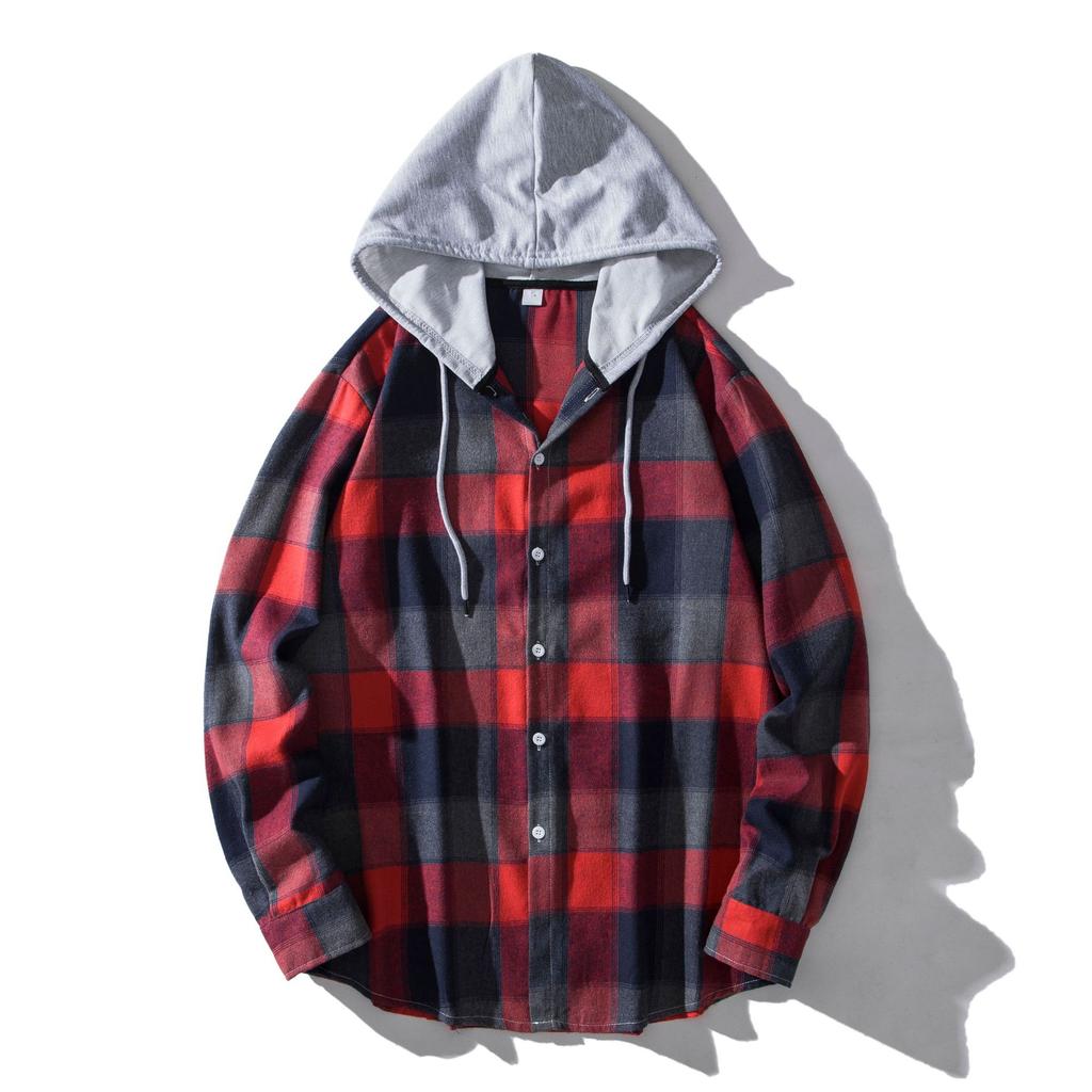 Spring Autumn Men's Checkered Hooded Shirt Man Casual Loose Button Up Plaid Shirts