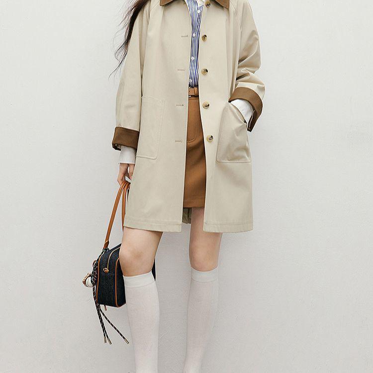 2025 Autumn Women's Japanese Khaki Trench Coat - Relaxed Fit, Color Block, Mid-Length Lapel Outerwear