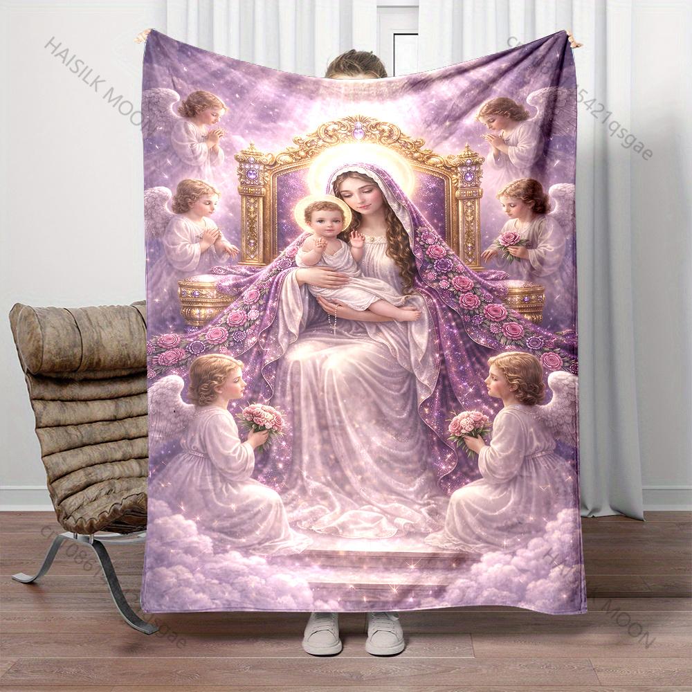 1PC Virgin Mary surrounded by angels Print Blanket Warm Soft Fluffy Kids and Adult Sofa Bed Throw Blanket Travel Camping RV