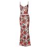 Fashion Style Rose Print Fashion Suit Women's V-neck Sling Vest + Elastic Elastic Waist Skirt Two-piece Set