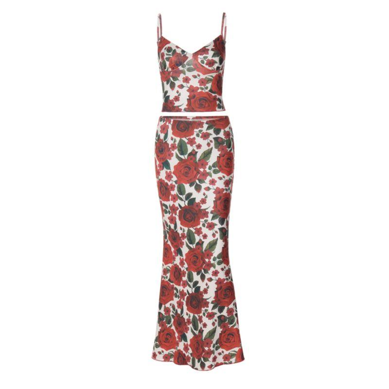 Fashion Style Rose Print Fashion Suit Women's V-neck Sling Vest + Elastic Elastic Waist Skirt Two-piece Set