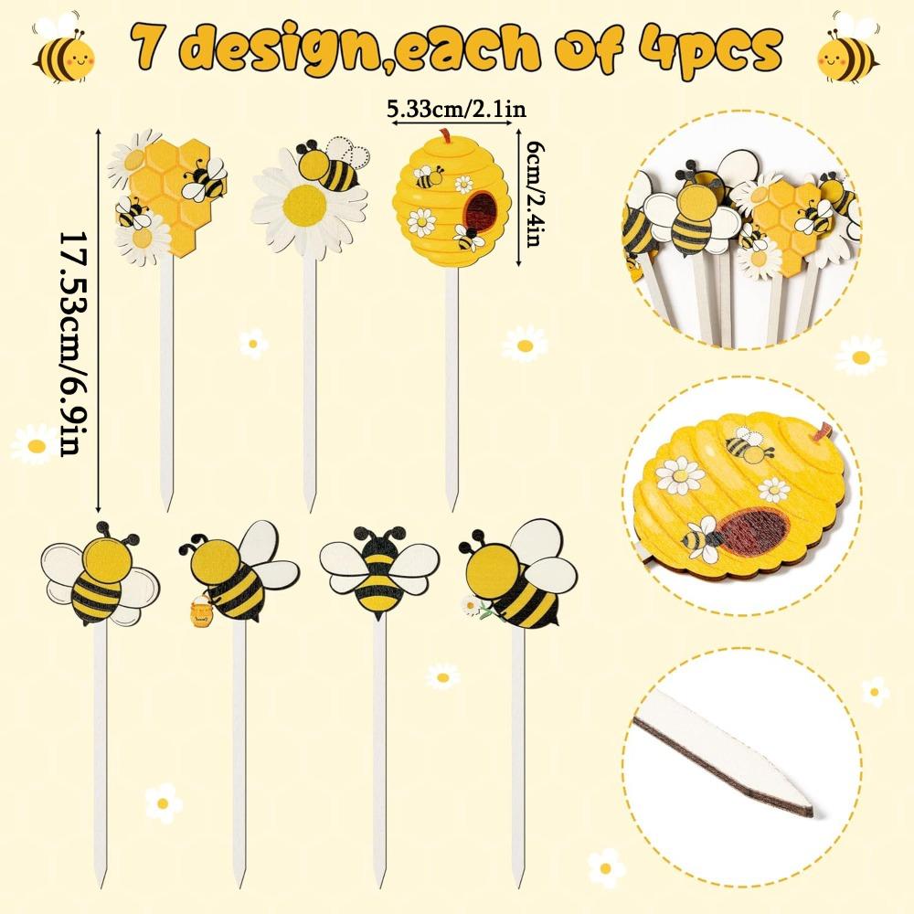 

14pcs Bee Double-Sided Wooden Picks - Cute Honeybee Wooden Decorative Pick for Home Vase Filler Colorful Wood Bee Nectar Decorative Pick 14pcs