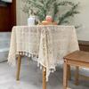 Hollow Crochet Lace Tablecloth Beige Cotton Thread Knitted Plaid Dining Table Cloth Fringed Circular Square Desktop Cover