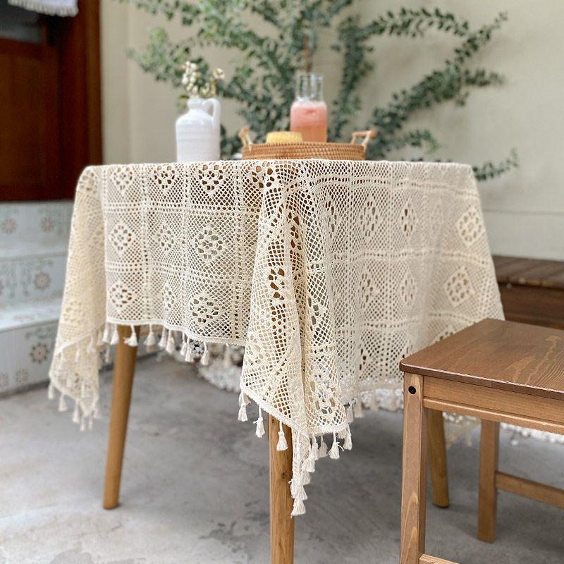 Hollow Crochet Lace Tablecloth Beige Cotton Thread Knitted Plaid Dining Table Cloth Fringed Circular Square Desktop Cover